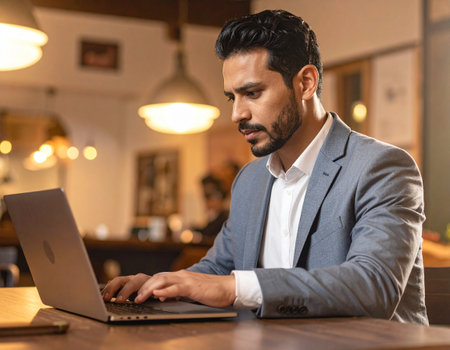 Handsome young businessman working on laptop computer at cafe. Businessman using notebook.の素材