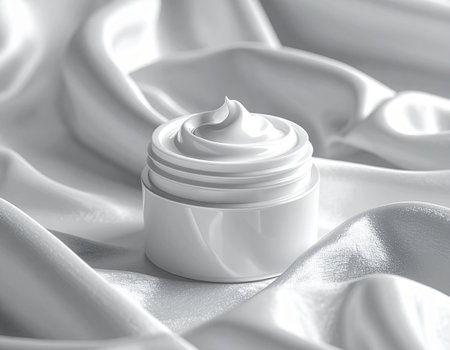 Face cream moisturizer jar on white silk background. 3D renderingの素材