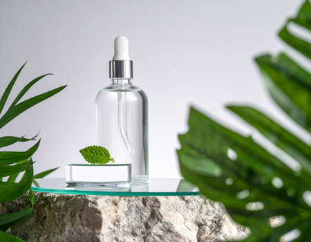 Glass dropper bottle with cosmetic oil and green leaves on a natural stone background.の素材
