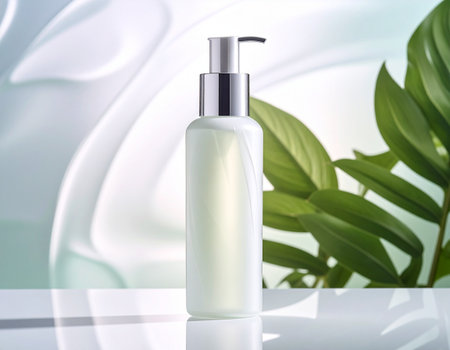 Cosmetic bottle mockup on white table with green leaves background.の素材