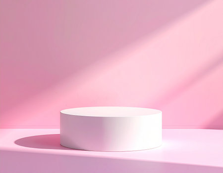 3d render of white podium on pink background with shadow overlay.の素材