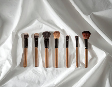Set of make-up brushes on white fabric, top view.の素材