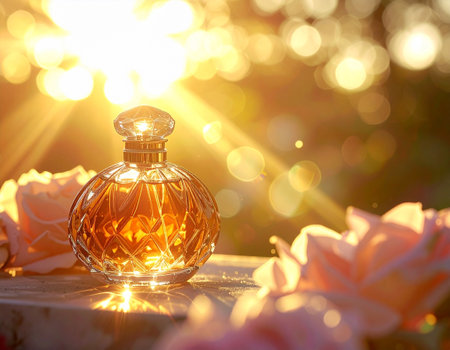 Perfume bottle with rose flowers on wooden table in sunset lightの素材