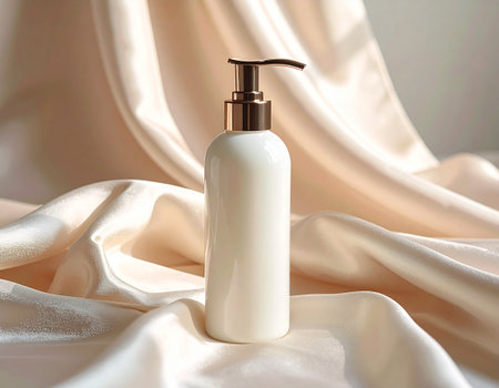 White cosmetic bottle with dispenser pump on white silk fabric background.の素材