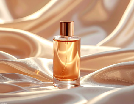 Perfume bottle on silk background, 3d render illustration.の素材