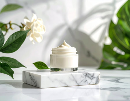 Face cream moisturizer jar on white marble podium with tropical leaves and flower background.の素材