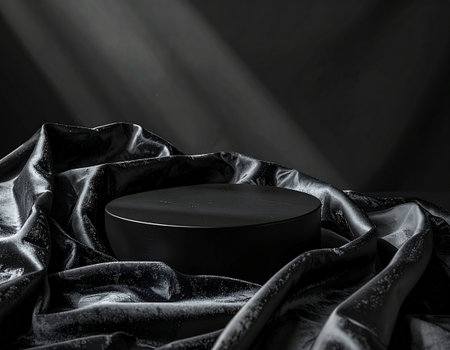 Black round podium on black silk background. Mockup for product presentation.の素材