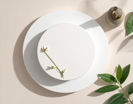 Top view of empty plate with white flowers and green leaves on beige backgroundの素材