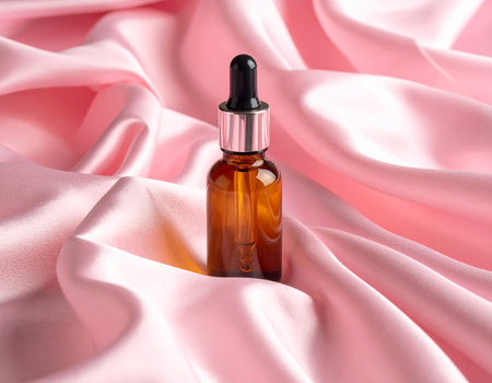 Cosmetic oil in glass bottle on pink satin background, closeupの素材