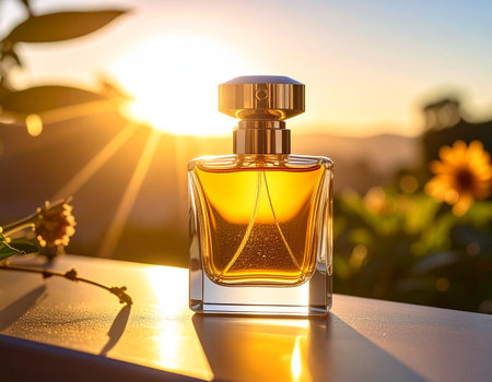 Perfume bottle on a table with sunflowers in the backgroundの素材