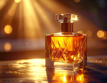 Perfume bottle on golden bokeh background, close upの素材