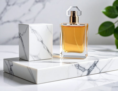 Perfume bottle on white marble podium and green leavesle backgroundの素材