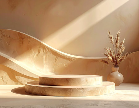 3d render of minimal scene with podiums and plants. Mock up for display product.の素材