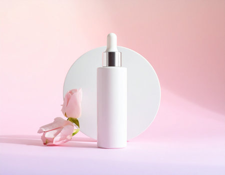 Cosmetic bottle with dropper and flower on pastel pink backgroundの素材