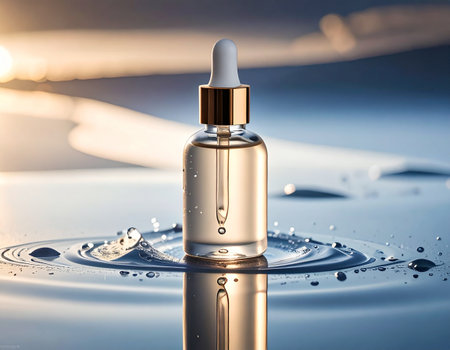Glass dropper bottle with serum or essential oil on water surface. Skin care conceptの素材