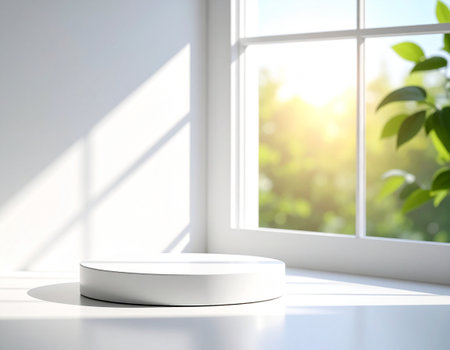 White round podium in a white room with a large window. 3d renderingの素材