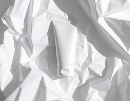 White cosmetic tube on white crumpled paper background with copy spaceの素材