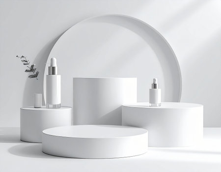 Minimalist scene with podiums and round arch. 3D renderingの素材
