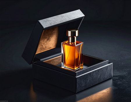 Perfume bottle in black box on black background. 3d illustrationの素材