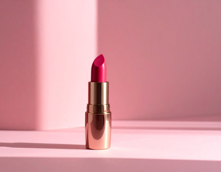 Pink lipstick on a pink background with a shadow in the sunlight.の素材