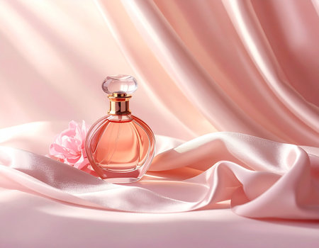 Perfume bottle on silk background. Perfumery productの素材
