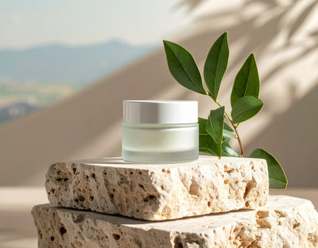 Cosmetic cream jar with green leaf on stone podium, 3d renderの素材