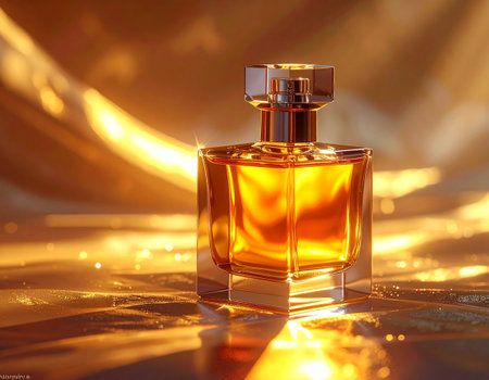 Perfume bottle on golden background. 3d render illustration.の素材