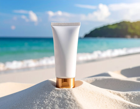 Sun protection cream on the beach with sea and sky background. Sun protection conceptの素材