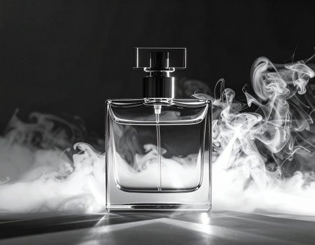 Perfume bottle with smoke on dark background. Shallow depth of field.の素材