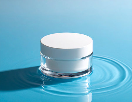 Cosmetic cream in a jar on a blue background with water ripplesの素材