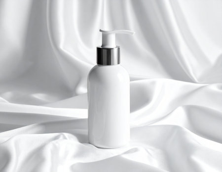 White cosmetic bottle on white silk background. 3d rendering mock upの素材