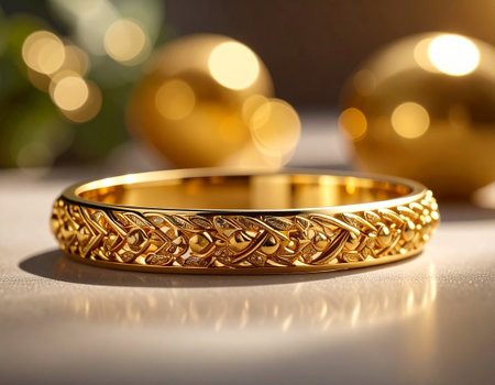 Golden bracelet on the table with bokeh lights in the backgroundの素材