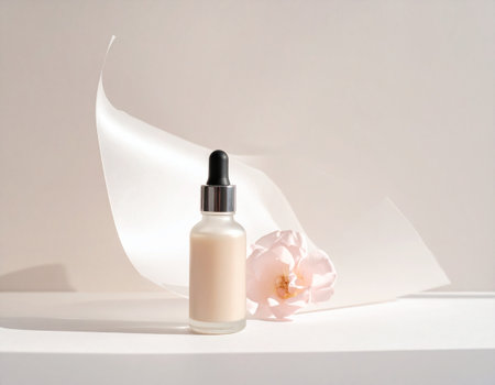 Skin care serum bottle with rose flower on white background. Beauty and spa concept.の素材