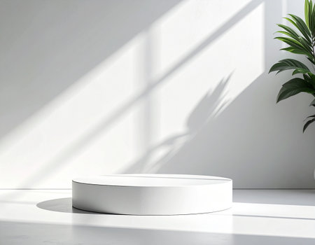 3d render of white podium in white room with shadow on the wallの素材