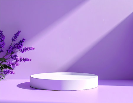 3d render of minimal product display podium with lavender flowers.の素材