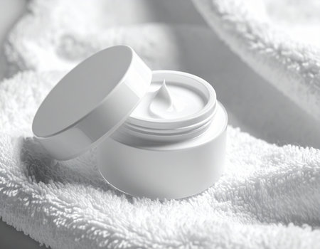 cosmetic cream in a white jar on a white towel closeupの素材