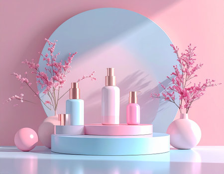 3d render of cosmetic product display podium with pastel color background.の素材