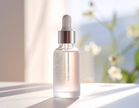 Glass dropper bottle with serum or oil on white table in sunlightの素材