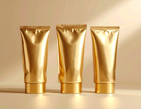 Golden cosmetic tube on a beige background. 3d rendering.の素材