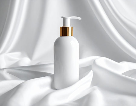 White cosmetic bottle mockup on white silk background. 3d illustrationの素材