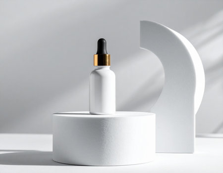 Cosmetic bottle with dropper on white podium. Mockup for branding design.の素材