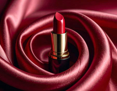 Lipstick on red satin background with bokeh effectの素材