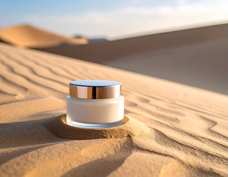 White cosmetic jar on the sand in the desert. Beauty concept.の素材