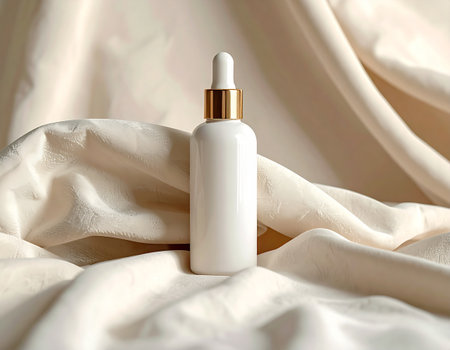 Cosmetic bottle with dropper on a background of white silk fabricの素材