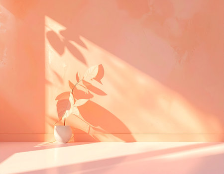 Porcelain vase with plant shadow on orange wall.の素材