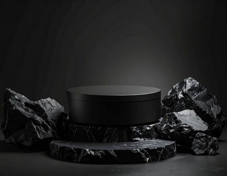 3d render of black podium for product display. Black stone background.の素材