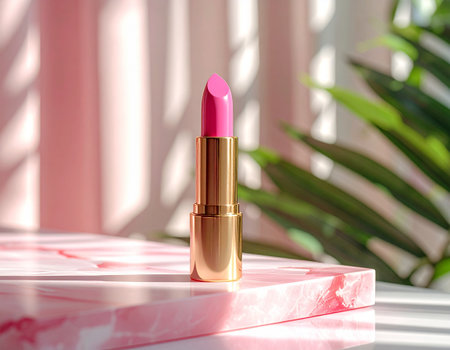 Lipstick on a pink background. Pink lipstick on a pink background.の素材