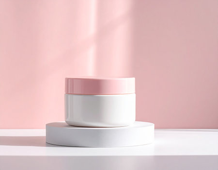Cosmetic cream jar on the white table and pink wall background.の素材