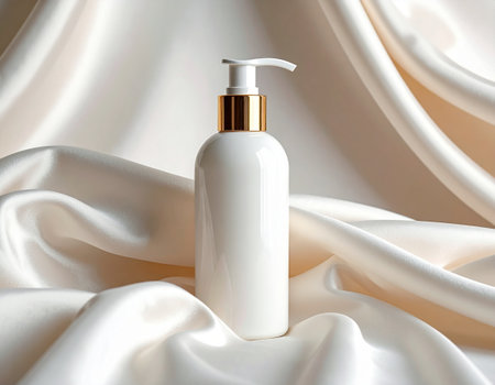 Cosmetic bottle on white silk background. Beauty and spa concept.の素材