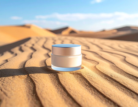 3d rendering of a white cosmetic jar on the sand in the desertの素材